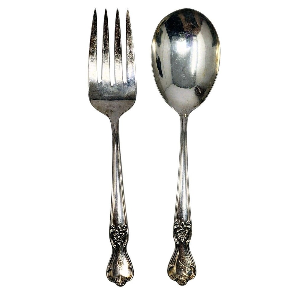 Old Company Plate Signature Rose Serving Spoon & Meat Fork 8” Mono S